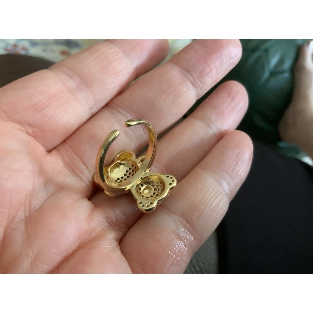 Teddy Bear Gold Ring Sz 6 Silver Pave Boho Retro Whimsical Statement - Picture 9 of 9